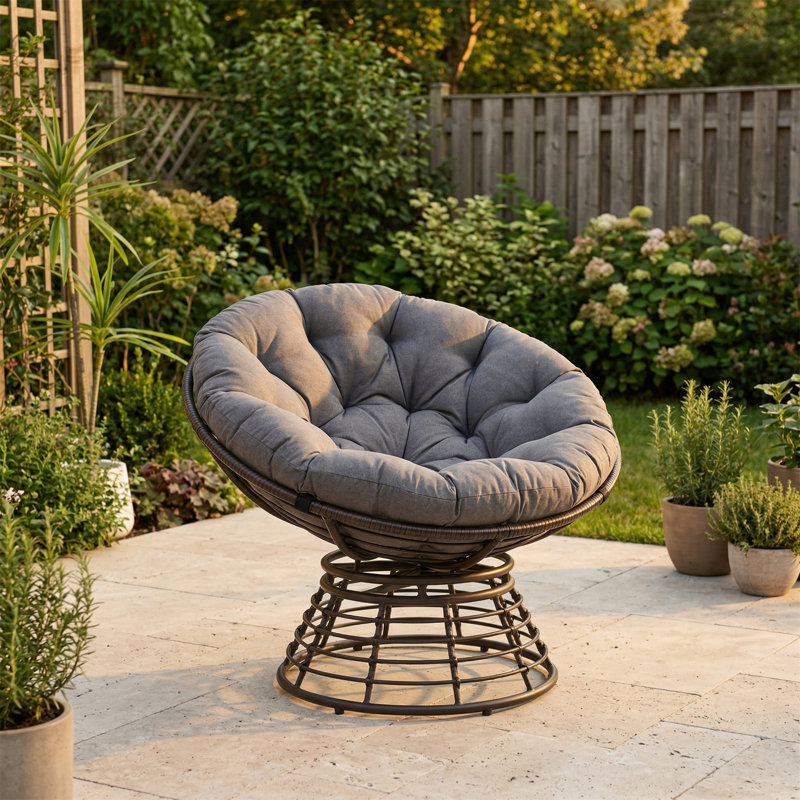 Fauteuil Papasan pivotant à 360 ° confortable, structure robuste en rotin avec coussin moelleux, Gris