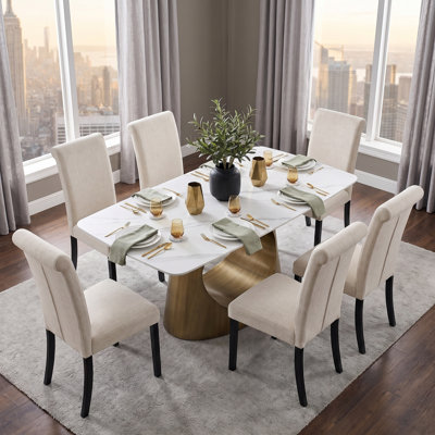 Ensemble de table de salle à manger rectangulaire en pierre frittée de 78 pouces avec 6 chaises rembourrées à dossier haut