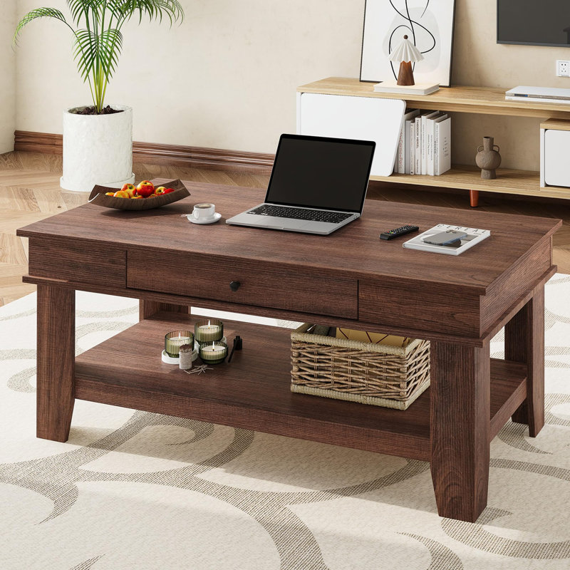Table basse rectangulaire en noyer avec tiroir et tablette ouverte, longue table centrale avec structure à quatre pieds pour le salon