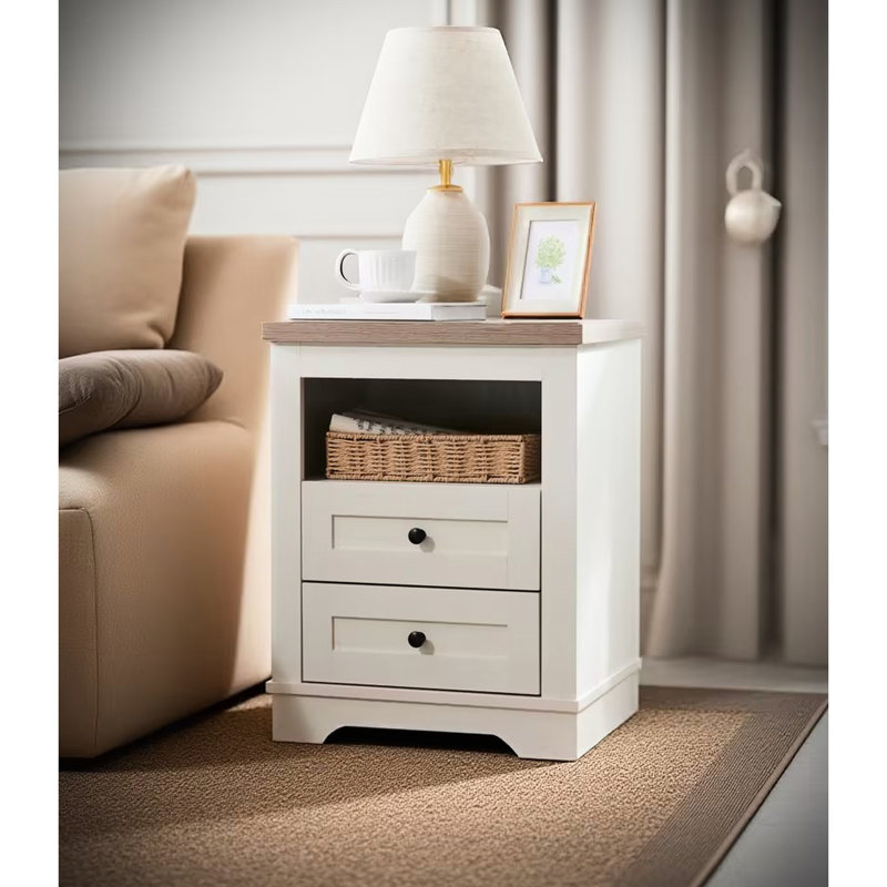 Table de bout à 2 tiroirs en blanc antique, aspect bois rustique pour la chambre à coucher et le salon