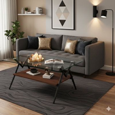 Rectangular Coffee Table With A Tempered Glass Top And Black Metal Legs, Modern Table For Living Rooms, Transparent Glass