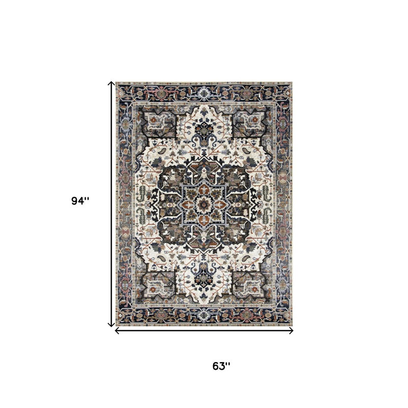 Tapis médaillon noir et ivoire 5 pi x 8 pi