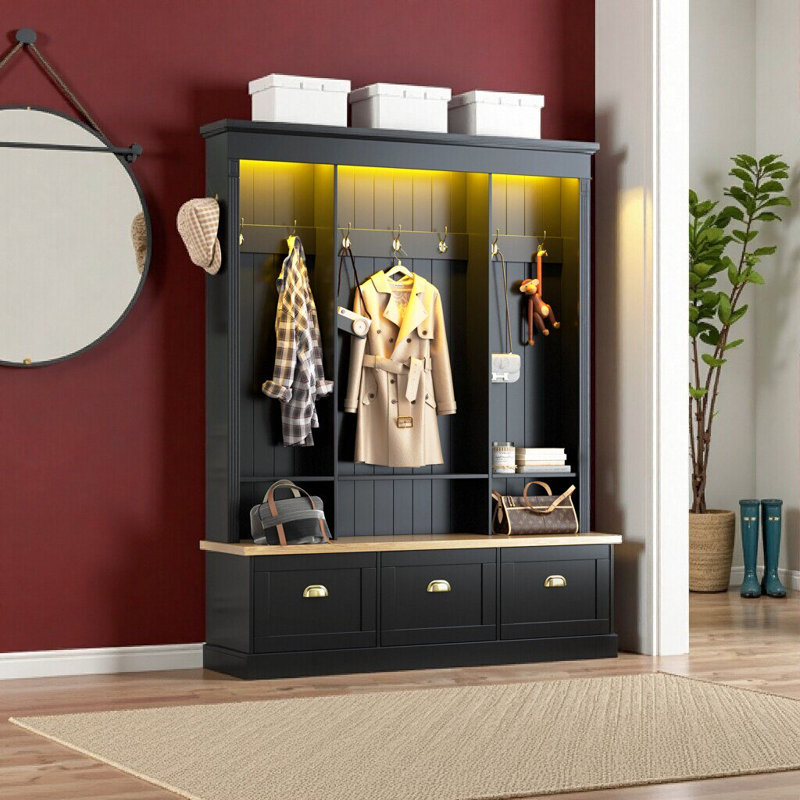 Elegant APP-Controlled LED Hall Tree with Roman Column Design and Smart Storage Bench - White, Black