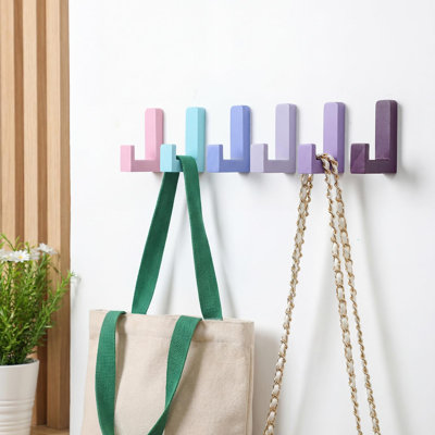 6 Pack Cute Kids Coat Wall Hooks Wooden Adhesive Decorative Colorful Wall Mounted Hangers Backpack Hooks(Purple,6 Pcs)