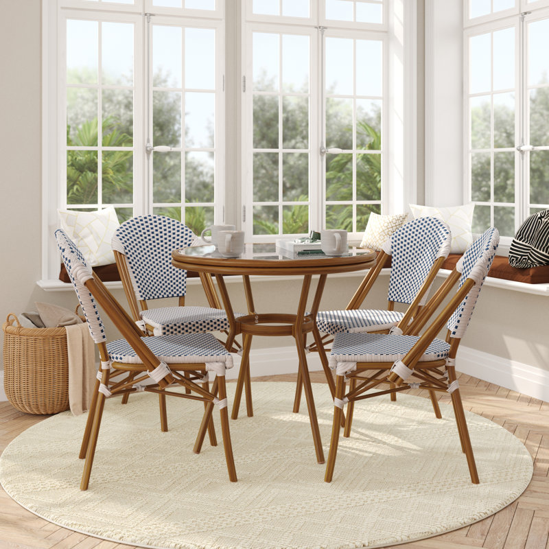 Rylan Indoor/Outdoor Commercial Bistro Set with Table and Four Chairs, Natural Wood/White