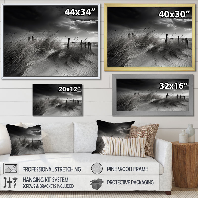 Black And White Beach Scenery I - Nautical & Beach Wall Art Prints, 24" H x 32" W x 1" D, Black Floater Frame