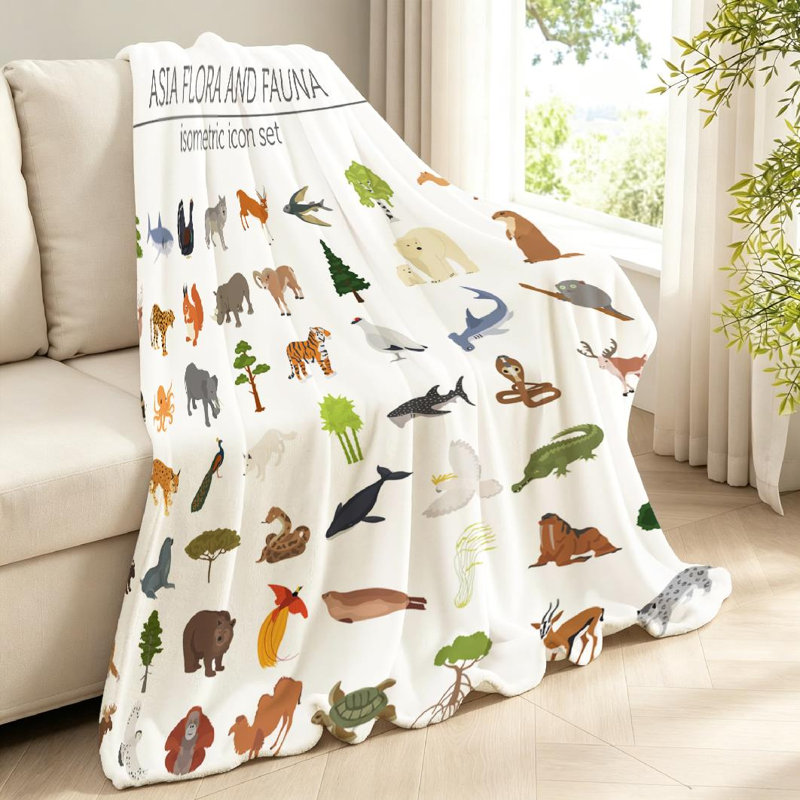 Jeté en flanelle bleue ultra douce en flanelle, motif floral asiatique isométrique et imprimé recto, Throw 40" x 50"