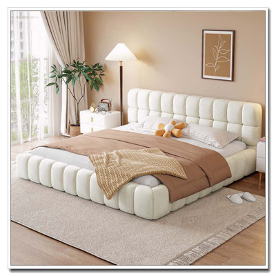 King Size Upholstered Platform Bed with Thick Fabric