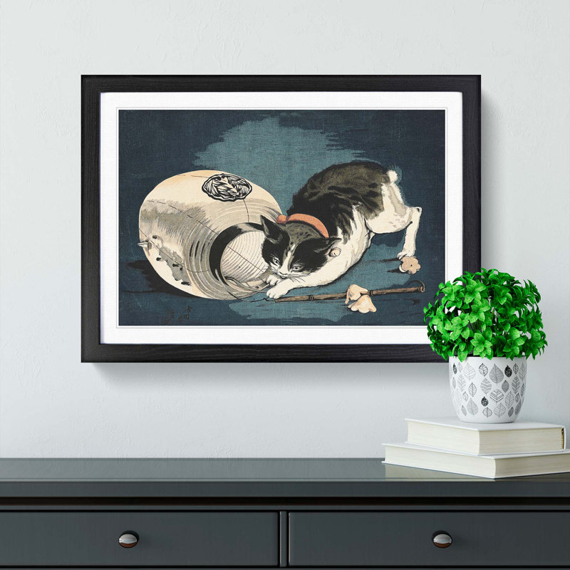 Cat with Paper Lantern by Kobayashi Kiyochika - Picture Frame Graphic Art Print, 48cm H x 65cm W x 2cm D, Black Framed