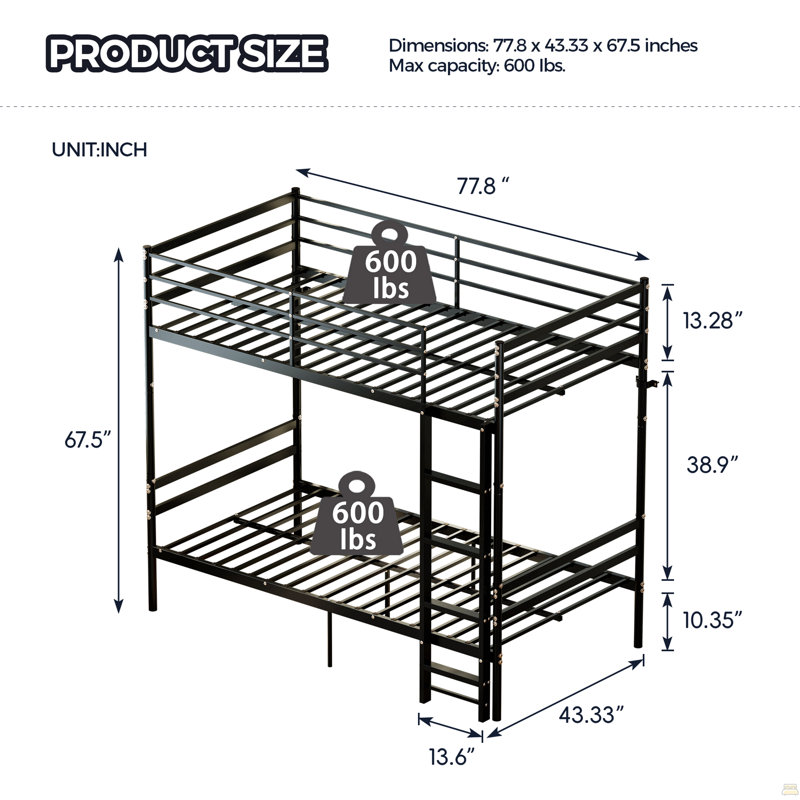 Lits superposés Lit superposé simple au-dessus de simple, lit superposé robuste avec barrière de sécurité et échelle, support à lattes en métal, aucun sommier requis
