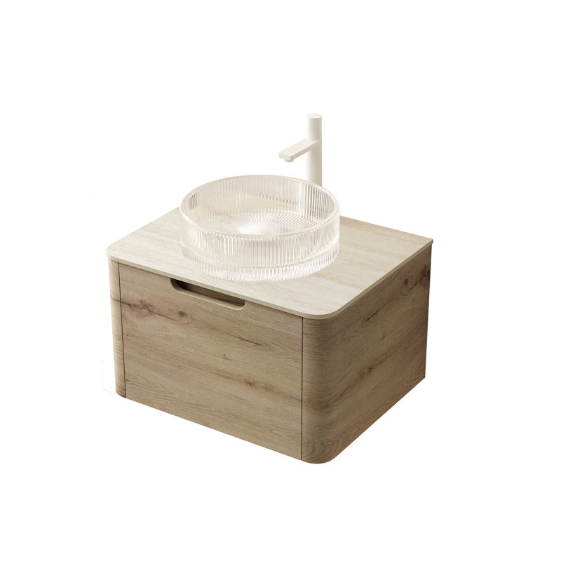 24" Bathroom Vanity With Transparent Round Basin, Floating Plywood Drawer Cabinet, Stone Top, Soft Close Drawer, White Oak Color Glass Basin - Pattern Finish