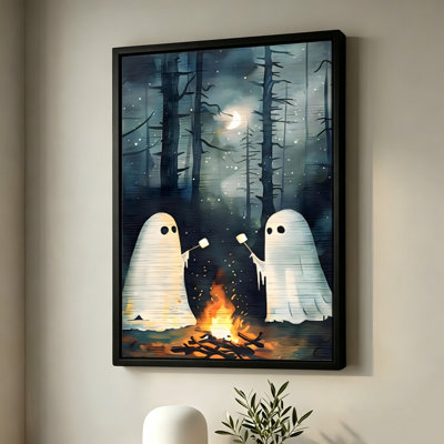 Halloween Two Ghosts Roasting Marshmallows at Night, Framed Canvas Wall Art, Brown Frame, 24 x 36 Inch