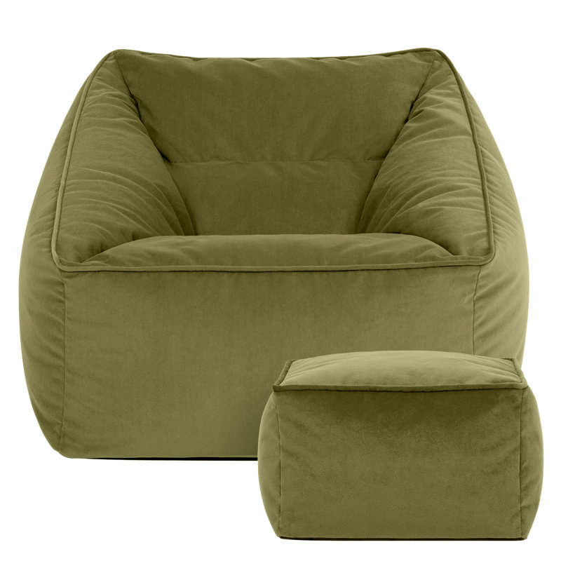 icon Natalia Velvet Adults Bean Bag Armchair and Pouffe, Ready Filled Large Beanbag and Footstool Forest Green, Olive Green