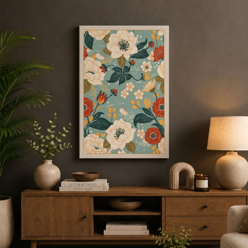 Garden Pattern Botanical - Wrapped Canvas, 36x24 - 91.4 x 61.0 cm, Taupe Border