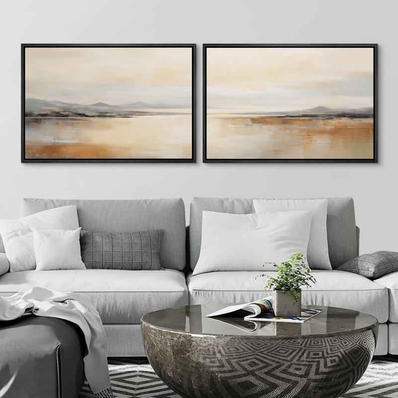 Minimal Landscape Calm Lake Waters and Distant Mountains Rustic 2 - Pièces, Cadre noir, H 16 po x l 24 po