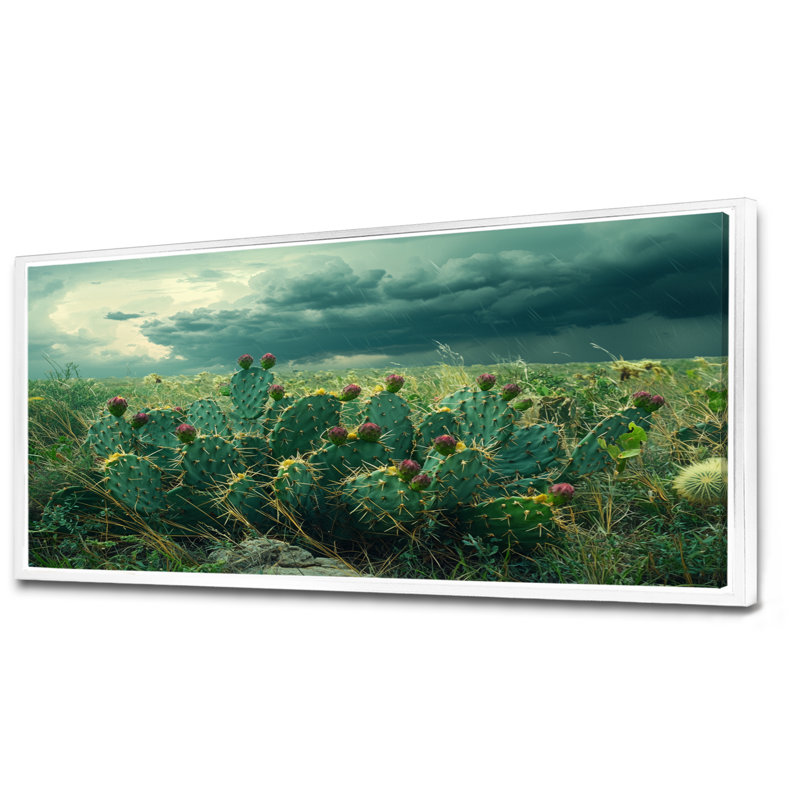 Décoration murale cactus et la tempête du désert - cactus, H 28 po x l 60 po, Cadre flottant, Blanc