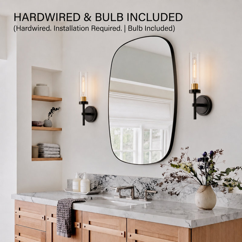 Black and Gold Hardwired Wall Sconces Set of 2, Modern Bathroom Vanity Sconces Wall Lighting with Clear Glass Shade, Farmhouse Wall Mount Lights for Mirror Bedroom Living Room Hallway Kitchen