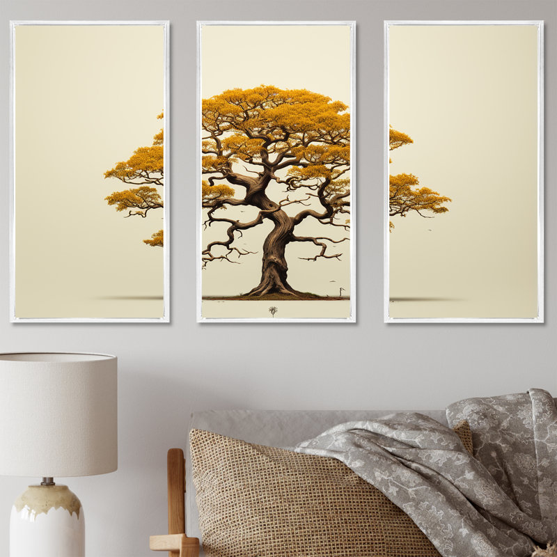 «Brown Oaks Outline I», ensemble d'art mural chêne, H 40 po x l 60 po x P 1 po, Cadre flottant blanc
