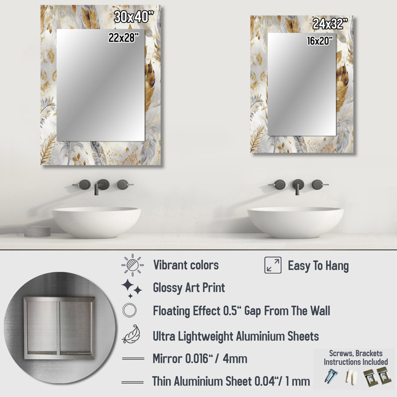 Gold And Silver Impressions Of Bohemian Energy - Boho Feather Mirror, Traditional Decorative Wall Mirror, Printed Metal Art