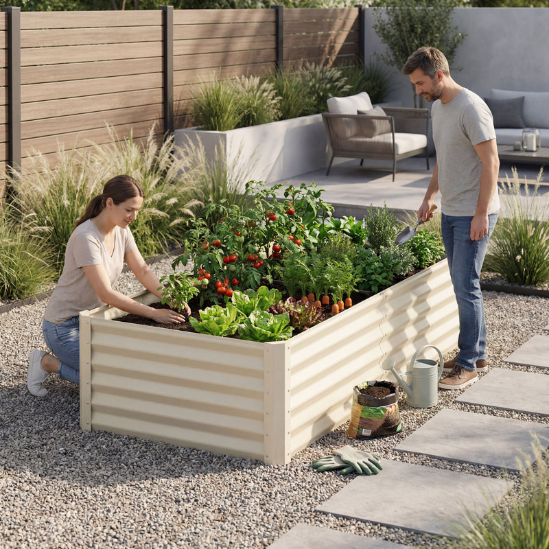 Galvanized Raised Garden Bed With Gloves, Cream, 36" H x 72" W x 36" D