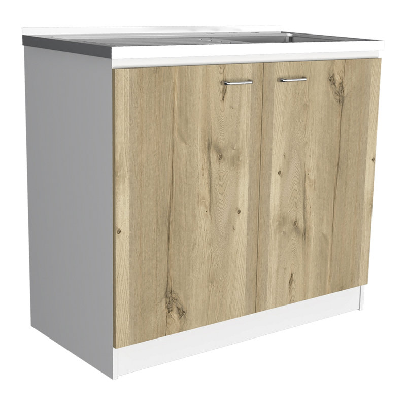 Lavabo utilitaire rectangulaire et armoire à 2 portes, Beige, Blanc