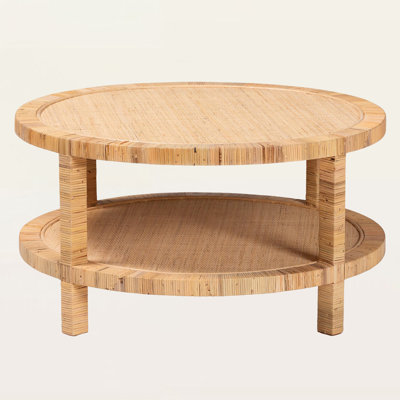 Izzy Bohemian Coffee Table in Light Honey Rattan and Mahogany Wood