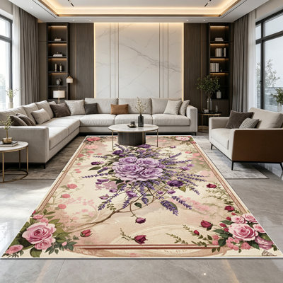 Tapis à motif floral botanique vintage rose et mauve 1pc, doux et confortable, facile à entretenir, lavable à la machine, convient pour le salon, la chambre à coucher, la salle à manger, l'entrée de la cuisine, le balcon, le patio, le bureau à domicile