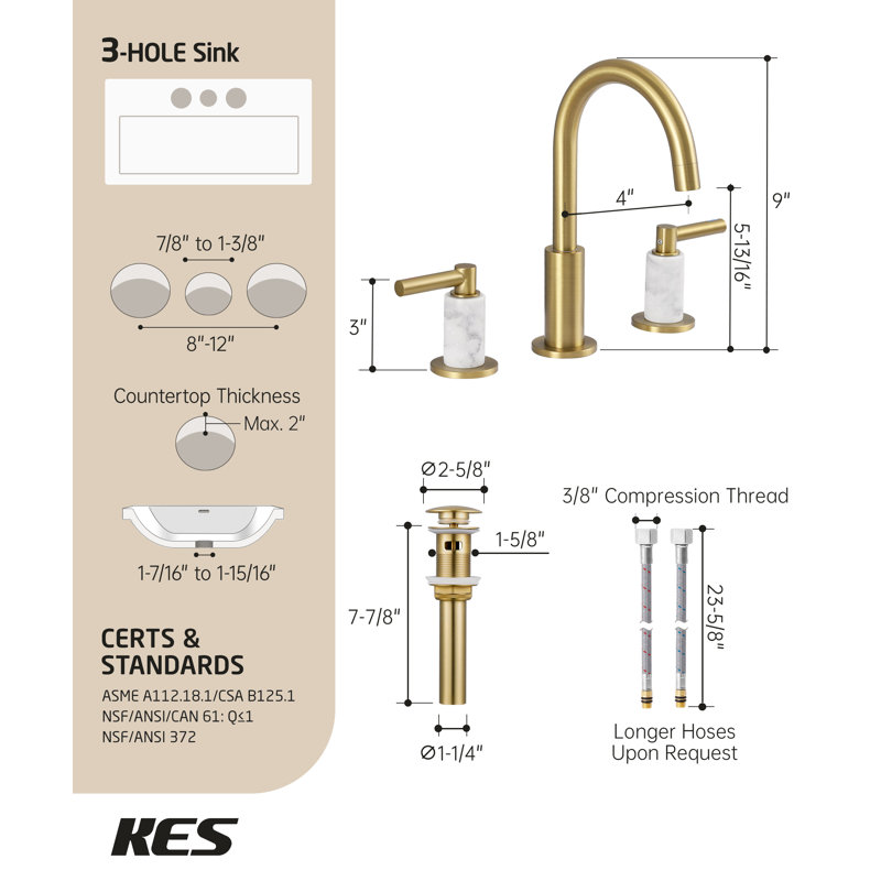 Robinet de lavabo de salle de bain doré 8 po KES avec boyau d'alimentation et 2 poignées avec ensemble de bonde, Or brossé