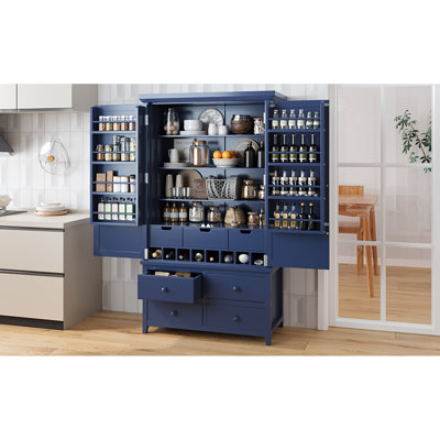 Grande armoire de cuisine autoportante avec 8 tablettes de porte, 3 tablettes réglables, 7 tiroirs et 8 supports à vin, bleu