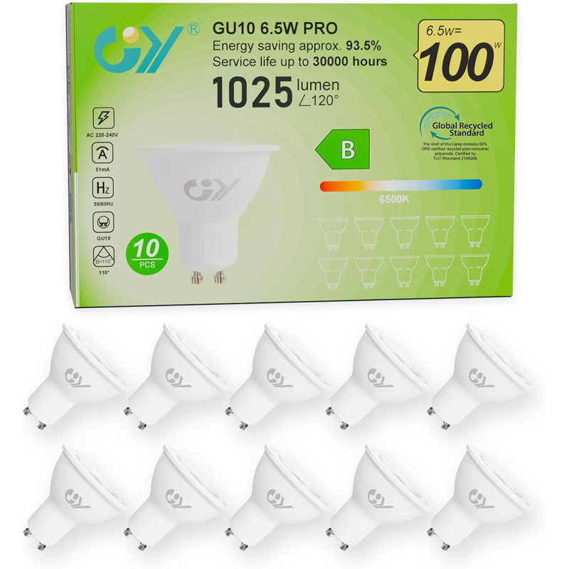 GY GU10 LED Bulbs 6.5W 1025lm High Brightness Cool White 6500K Energy Saving, The New UK Energy Efficiency Class B Replaces 90W, 110°Beam Angle Non-Dimmable, 10 Pack