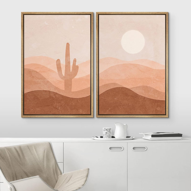 Idea4wall, ensemble d'art mural encadré, cactus, soleil brillant, vallée, paysage, nature sauvage, illustrations, art moderne, bohème, graphique, coloré, chic pour le salon, la chambre à coucher, le bureau