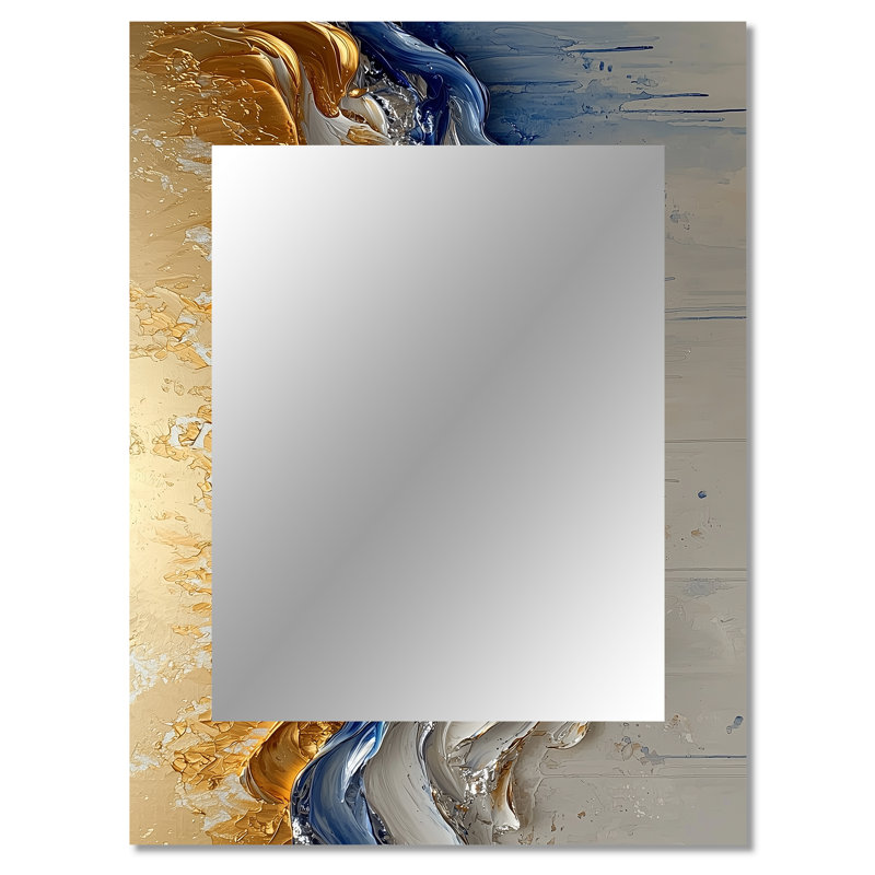 Rhythmic Golden Ink Waves Fusion I - Maze Decorative Wall Mirror, Gold Mirror, Printed Metal Art, 40" x 30"