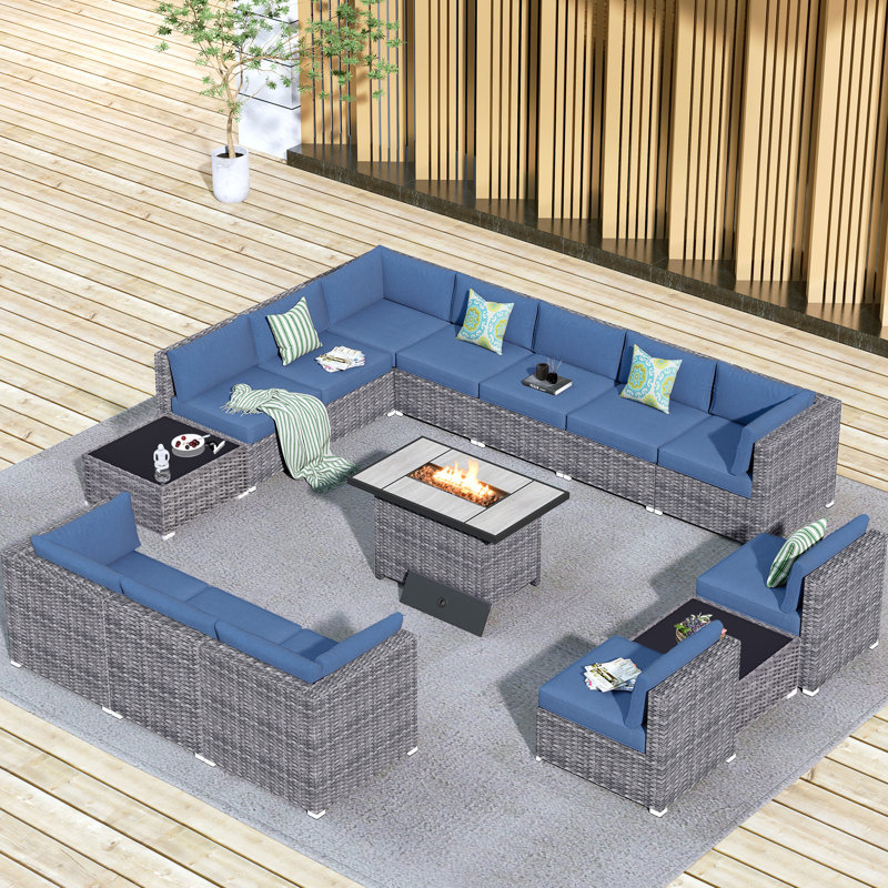 12-Person Outdoor Sectional With Cushions And Fire Pit,All-Weather Wicker Patio Set, Denim Blue