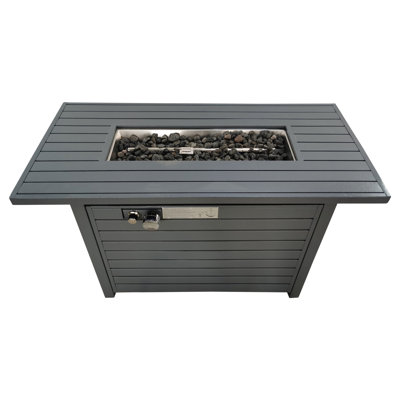 25''H X 42''W Steel Propane Fire Pit Table, 50000 Output, 8 Hours Burn, Push-Button Ignition, Grey With Lid Grey, Stainless Top