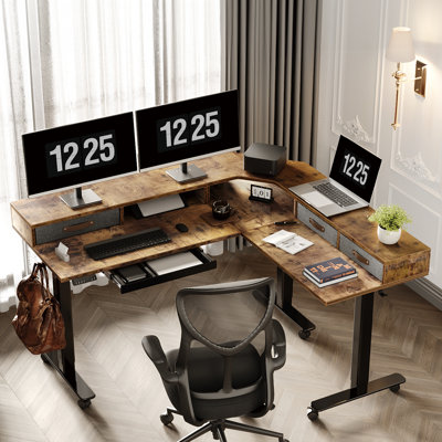 63" W L Shaped Standing Desk with Drawers and Wheels, Dual Motor Adjustable Desk for Home Office