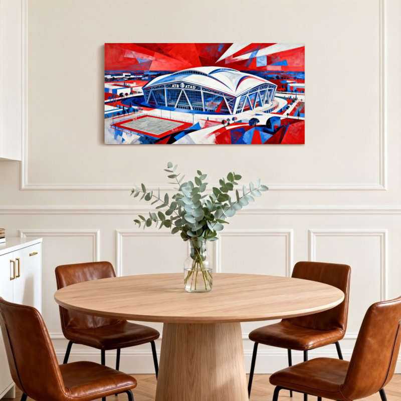 Scène et paysages urbains abstraits, œuvre d'art du stade, rouge, bleu, blanc, H 28 po x l 58 po