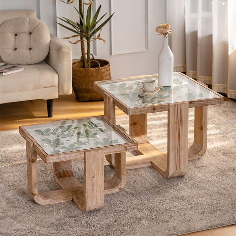 Modern Glass Solid Wood Square Coffee Table Sets