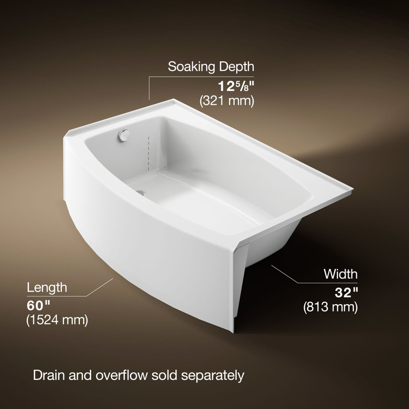 Expanse 60" x 38" Curved Integral Apron Bathtub, White, Left-Hand Side