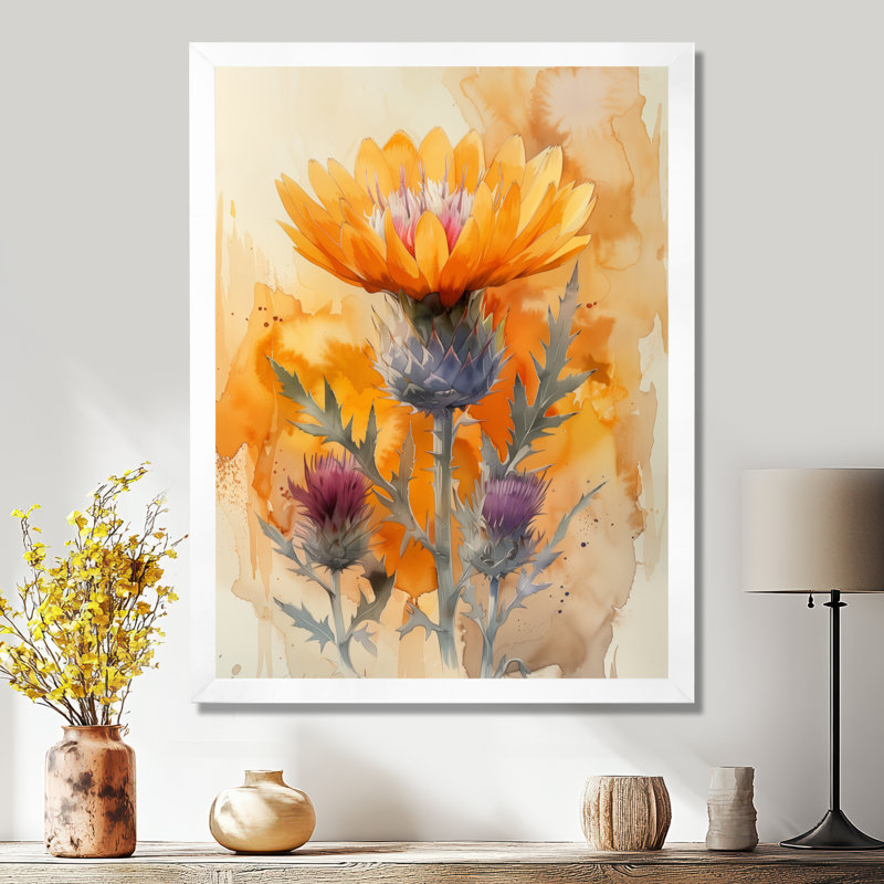 «Morning Summer Yellow Thistle I - Thistle», art mural, Toile encadrée blanche avec une seule photo