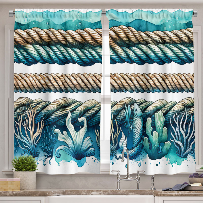 Seafoam Beige Soft Blue Nautical Kitchen Curtain Set