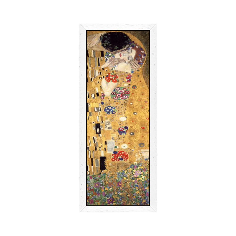 The Kiss, Cropped Vertical by Gustav Klimt - Print on Canvas, 30.48 cm H x 91.44 cm W, White Floater Framed