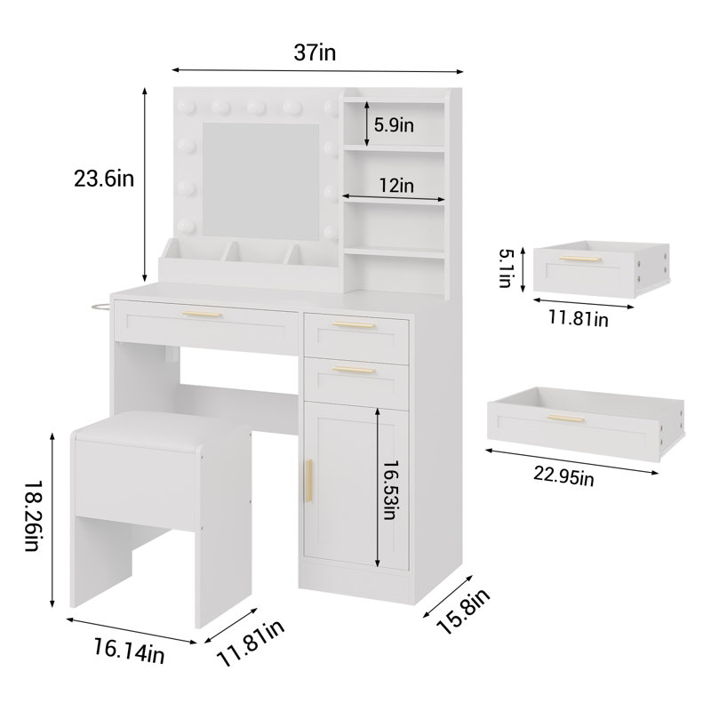 Bureau de coiffeuse avec miroir, ensemble de coiffeuse avec tiroirs, armoire et chaise, coiffeuse avec support pour sèche-cheveux pour la chambre à coucher, blanc