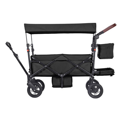 Collapsible Quad Wagon Stroller For 2 Kids, Push Pull With Adjustable Handle, Removable Canopy, 4 Wheels With Brakes, Mutifunction Tandem Stroller, Black