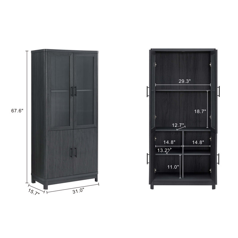 Cabbar Bookcase with Adjustable Shelves and Tempered Glass Doors in (Set of 2), Charcoal Gray