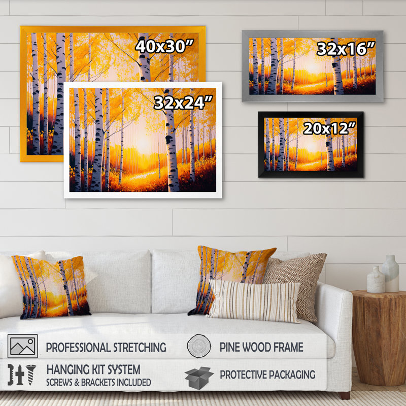Golden Hour Birch Trees VI - reproduction sur toile, Impression noire sur toile encadrée, H 12 po x l 20 po x P 1 po