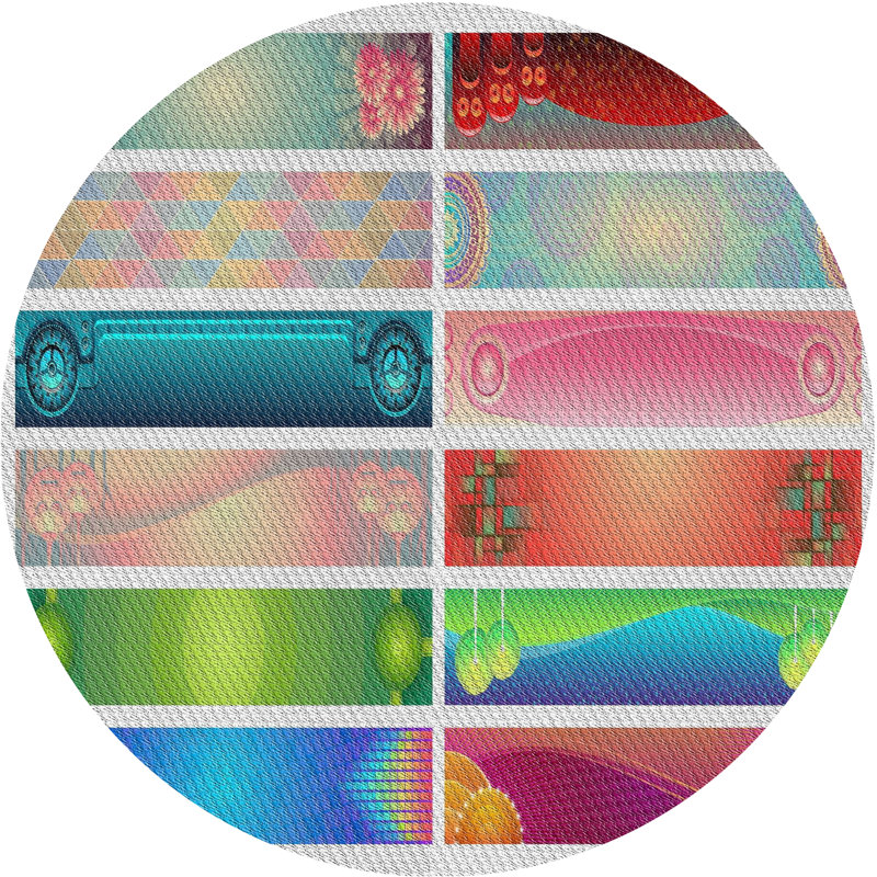 Tapis vert/bleu/rouge à motifs, Rond 3 pi