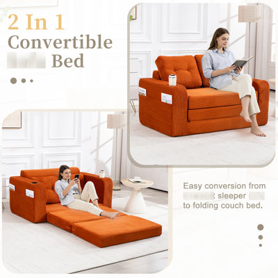 Lit pliant 2 en 1 pour le salon, lit double avec revêtement en velours côtelé, mousse haute densité, poches latérales et porte-gobelets, coussins extensibles convertibles orange, mousse souple et confortable