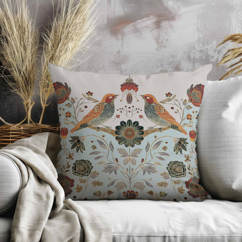 Coussin Birdsong, Bleu / orange / argent, Carré 26 po