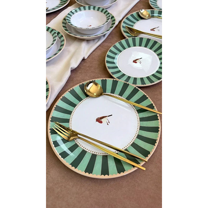Service de table (24 pièces), Blanc / vert / noir / brun clair