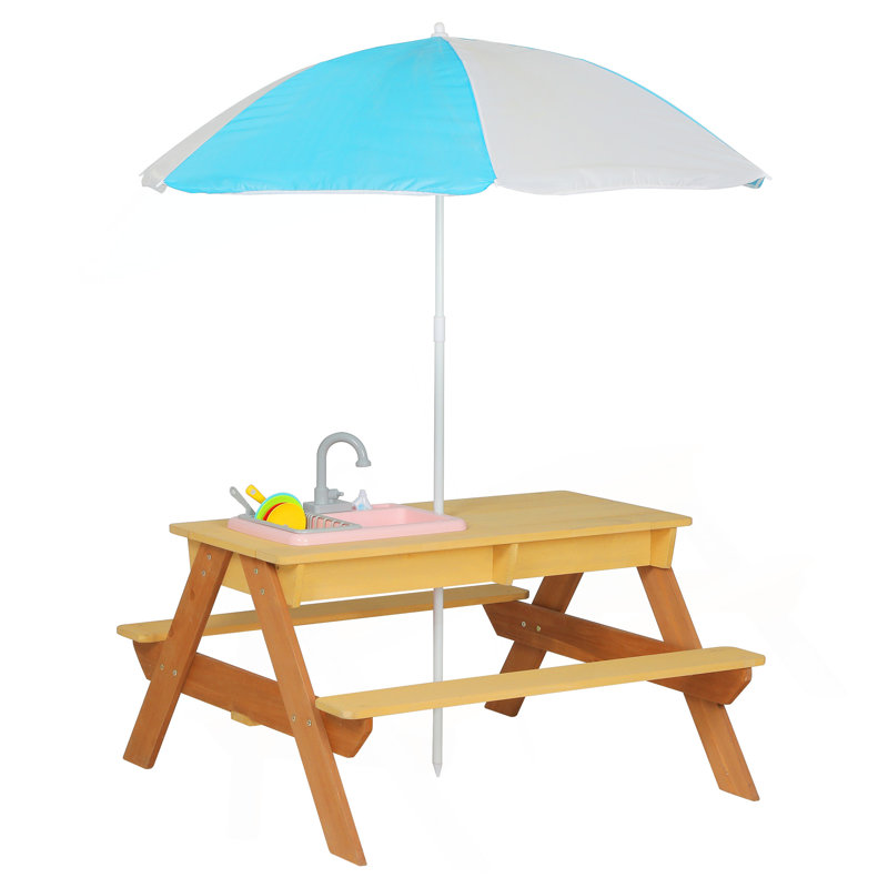 Table de pique-nique en bois pour enfants, table de sable et d'eau avec parasol, table d'activités pour jouer sur le patio extérieur